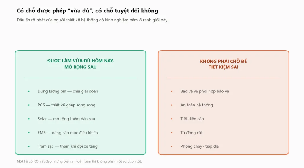 Bảng hai cột đối chiếu những hạng mục được phép làm vừa đủ rồi mở rộng sau gồm dung lượng pin, PCS và Solar, với những hạng mục không được tiết kiệm sai gồm bảo vệ, an toàn, tiết diện cáp, tủ đóng cắt, phòng cháy và tiếp địa