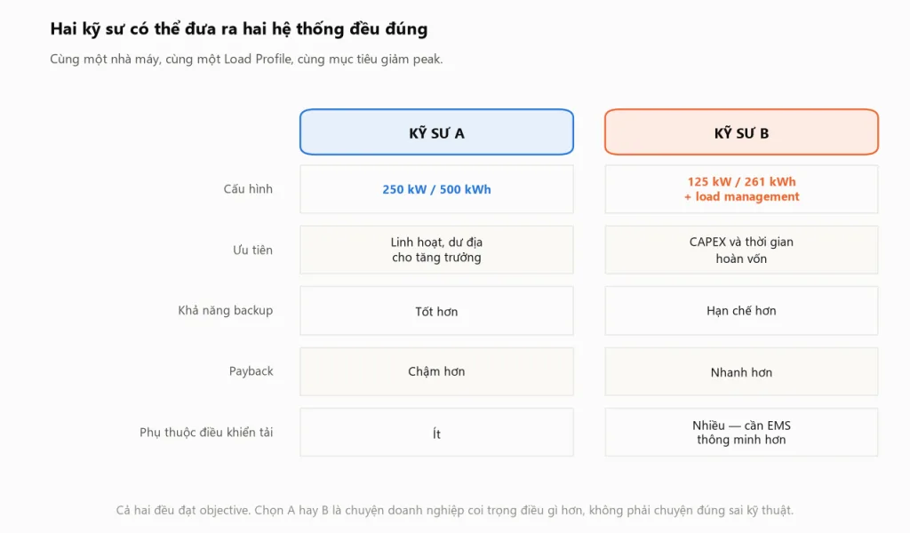 Sơ đồ so sánh hai phương án cho cùng một nhà máy, phương án A với PCS 250 kW và BESS 500 kWh ưu tiên linh hoạt và backup, phương án B với PCS 125 kW và BESS 261 kWh kèm load management ưu tiên CAPEX và thời gian hoàn vốn