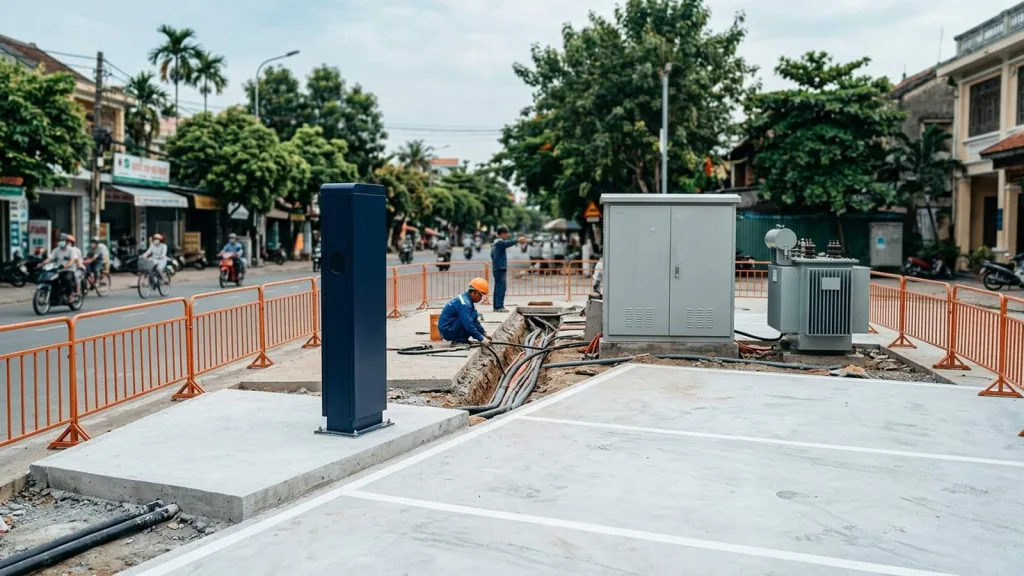 Một trạm sạc xe điện đang thi công tại Việt Nam với trụ sạc, tủ điện, máy biến áp và rãnh cáp còn để mở