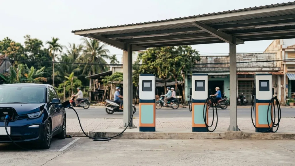 Một ô tô điện đang sạc bên dãy trụ sạc nhanh còn trống chỗ tại một trạm sạc ven đường ở Việt Nam, xe máy qua lại phía sau