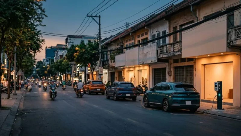 Đường phố Việt Nam buổi tối với nhiều ô tô điện lưu thông và một chiếc đang sạc tại trụ sạc bên vỉa hè