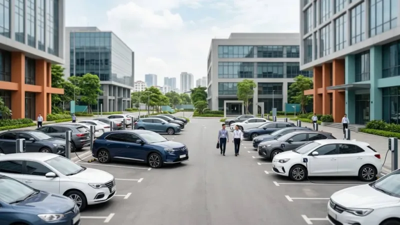 Bãi đậu xe của một toà nhà văn phòng tại Việt Nam với nhiều ô tô điện đậu ban ngày, minh hoạ một thị trường sạc chưa xuất hiện