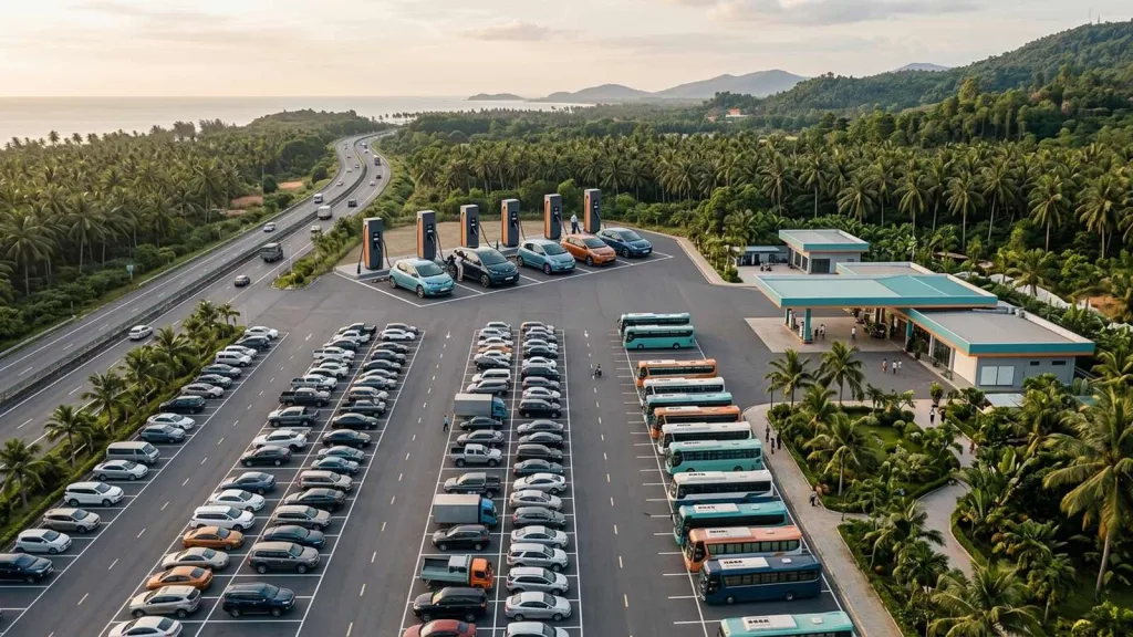Bãi đỗ xe của một trạm dừng nghỉ đường bộ Việt Nam nhìn từ trên cao, một dãy trụ sạc nhỏ bên cạnh nhiều vị trí đỗ thường