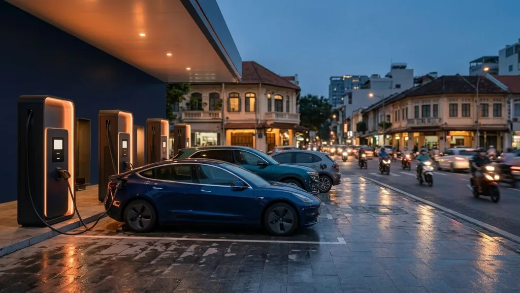 Nhiều ô tô điện đang sạc tại một trạm sạc trên phố Việt Nam lúc chập tối, xe máy lưu thông phía sau