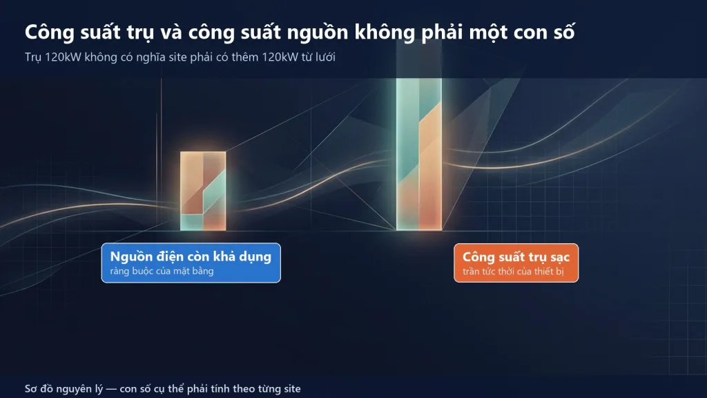 Công suất trụ sạc và công suất nguồn điện tại site là hai con số khác nhau, không bắt buộc bằng nhau