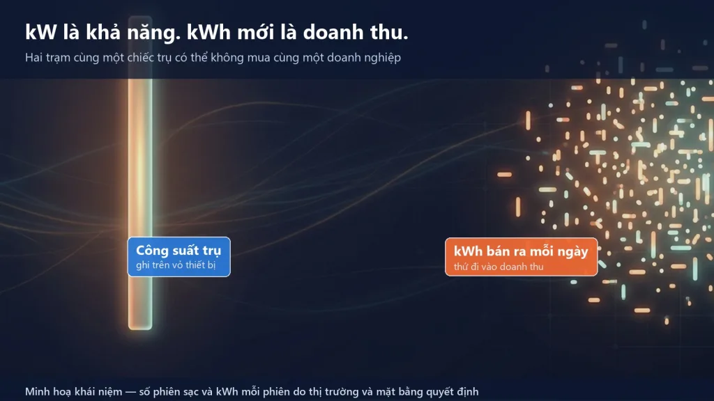 Công suất kW là khả năng của thiết bị, kWh bán ra mới là doanh thu của trạm sạc