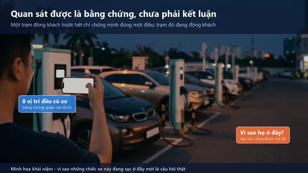 Một trạm sạc xe điện đông khách vào giờ cao điểm buổi chiều, minh hoạ ranh giới giữa bằng chứng quan sát được và kết luận về thị trường