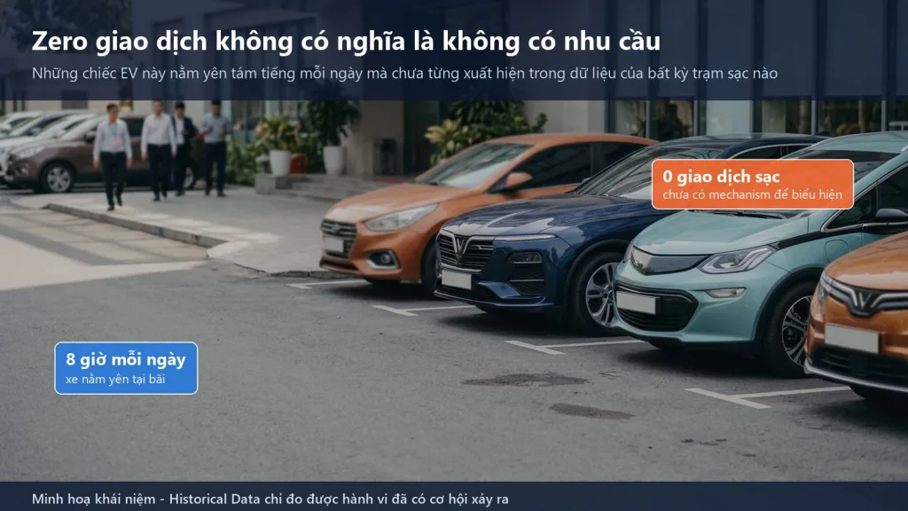 Bãi đậu xe của một toà nhà văn phòng tại Việt Nam với nhiều ô tô điện đậu ban ngày, minh hoạ một thị trường sạc chưa xuất hiện trong dữ liệu