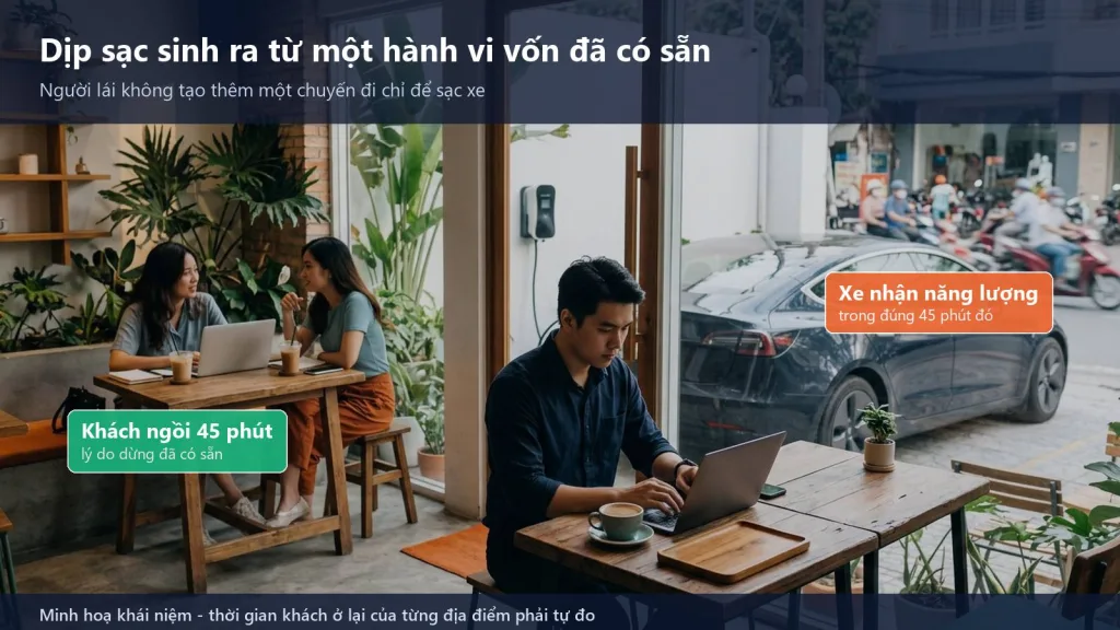 Một chiếc ô tô điện đang sạc tại bãi xe quán café trong lúc chủ xe ngồi bên trong, minh hoạ một dịp sạc phát sinh từ hành vi có sẵn