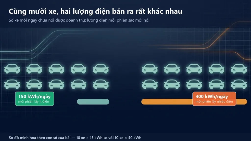 Sơ đồ hai trạm sạc cùng phục vụ mười xe mỗi ngày nhưng bán ra 150 kWh và 400 kWh do lượng điện mỗi phiên sạc khác nhau