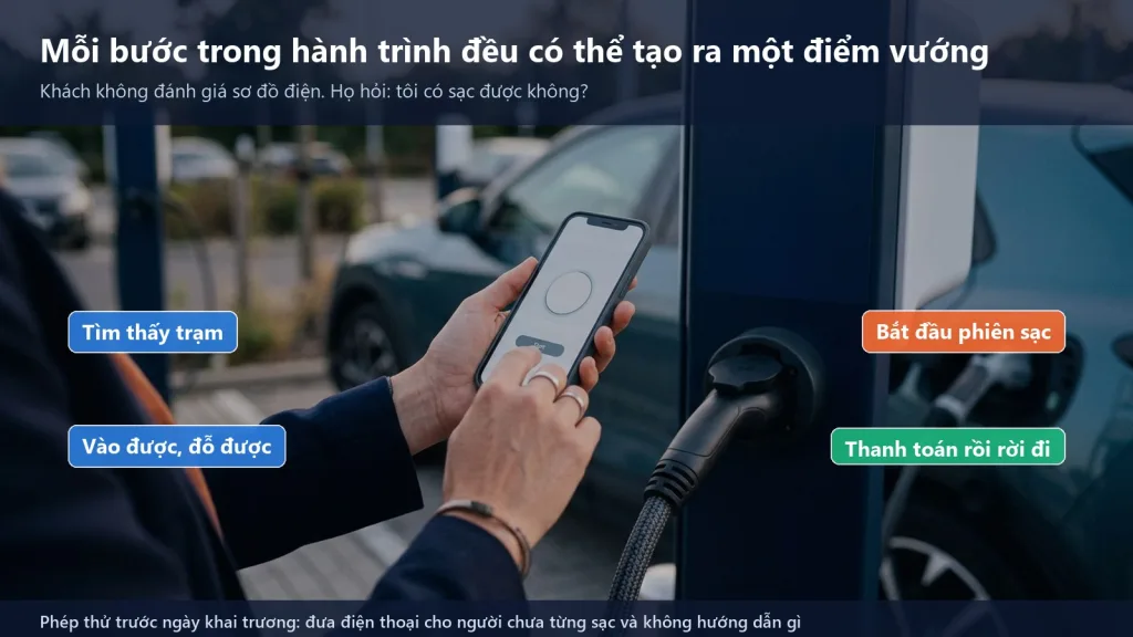 Hành trình của khách từ lúc tìm thấy trạm, vào trạm, cắm sạc, thanh toán tới lúc rời đi