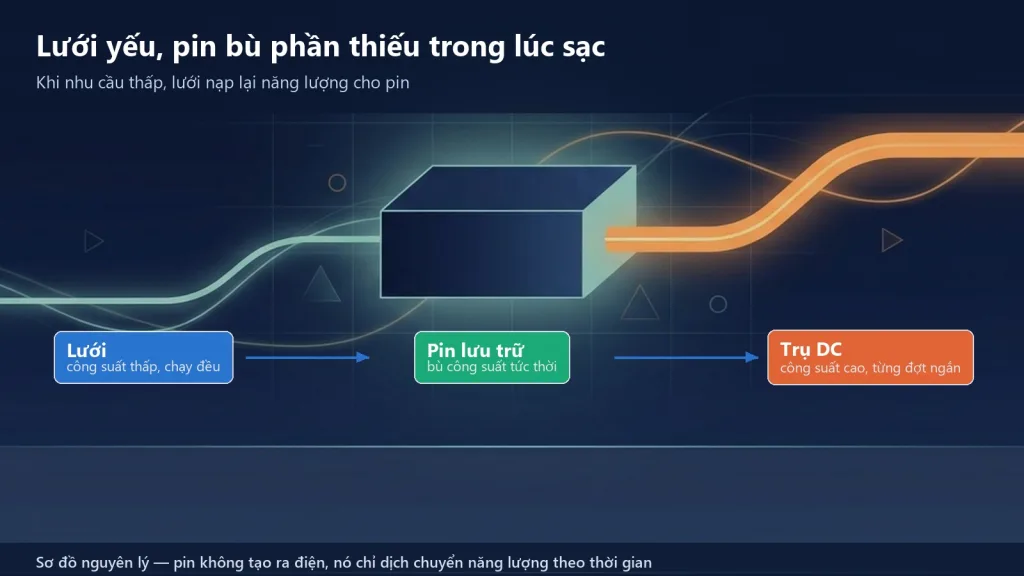 Kiến trúc lưới điện công suất thấp kết hợp pin lưu trữ bù công suất tức thời cho trụ sạc DC