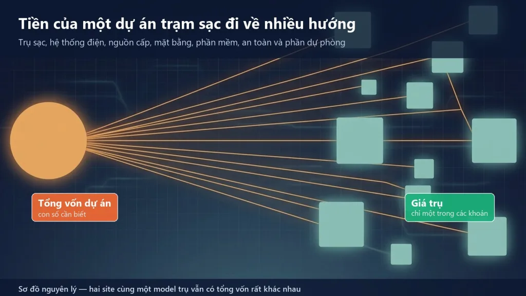 Sơ đồ tám nhóm chi phí đầu tư của một trạm sạc, trong đó giá trụ sạc chỉ là một phần của tổng vốn