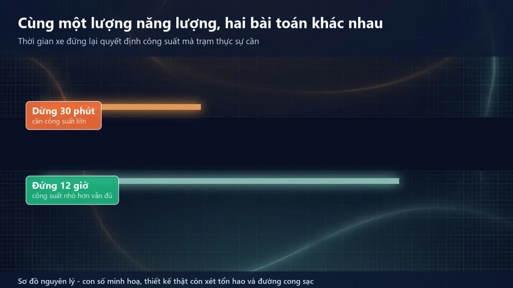 Sơ đồ đối chiếu hai hoàn cảnh sạc: thời gian ngắn cần công suất lớn, thời gian dài cho phép dùng công suất nhỏ hơn