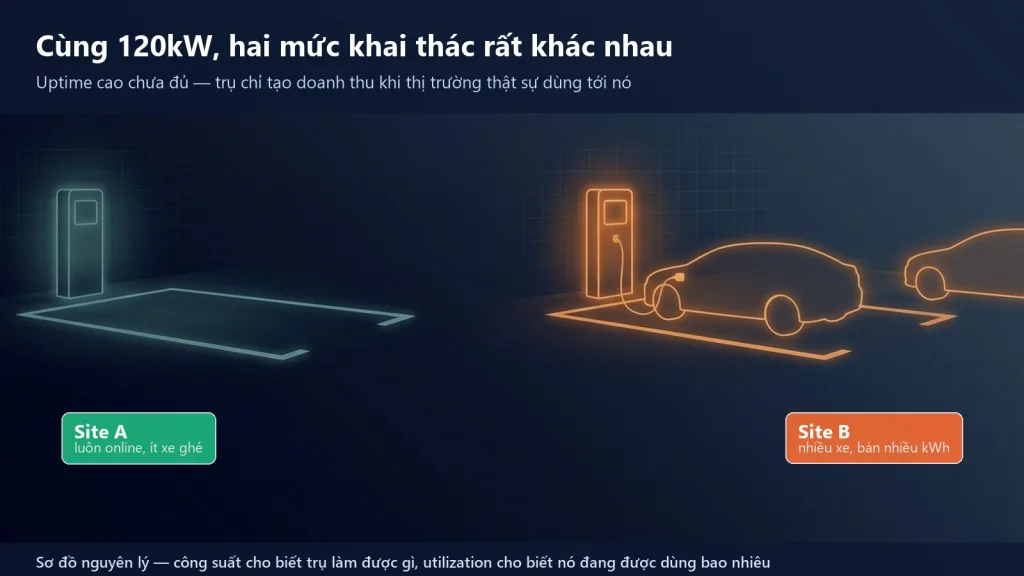 Sơ đồ hai trụ sạc cùng công suất và cùng hoạt động bình thường: một trụ gần như không có xe ghé, một trụ thường xuyên có xe đang sạc