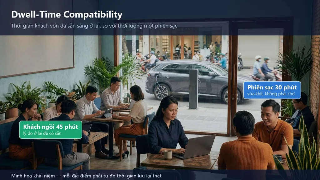 Dwell-time compatibility -- thời gian khách vốn đã ở lại tại địa điểm so với thời lượng một phiên sạc