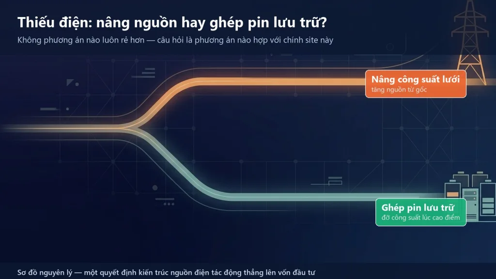 Sơ đồ hai hướng xử lý khi nguồn điện tại mặt bằng không đủ: nâng công suất lưới hoặc ghép thêm pin lưu trữ cho trụ sạc