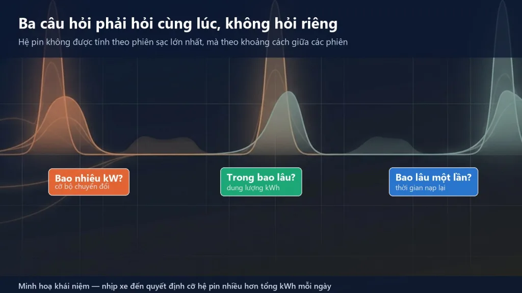 Yêu cầu công suất kW, yêu cầu năng lượng kWh và thời gian nạp lại giữa các phiên sạc quyết định cỡ hệ pin lưu trữ