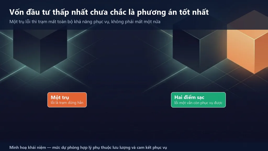Một trụ đơn lẻ khi lỗi thì trạm mất toàn bộ khả năng phục vụ, hai điểm sạc giữ được một phần