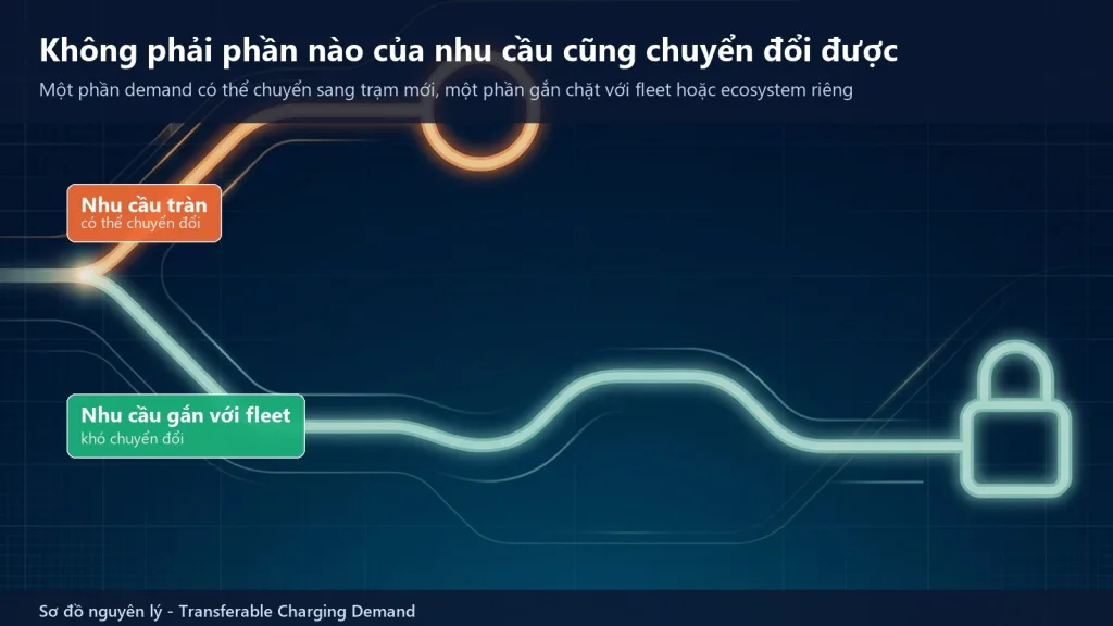Sơ đồ so sánh nhu cầu tràn có thể chuyển đổi và nhu cầu gắn với đội xe riêng khó chuyển đổi tại một trạm sạc xe điện