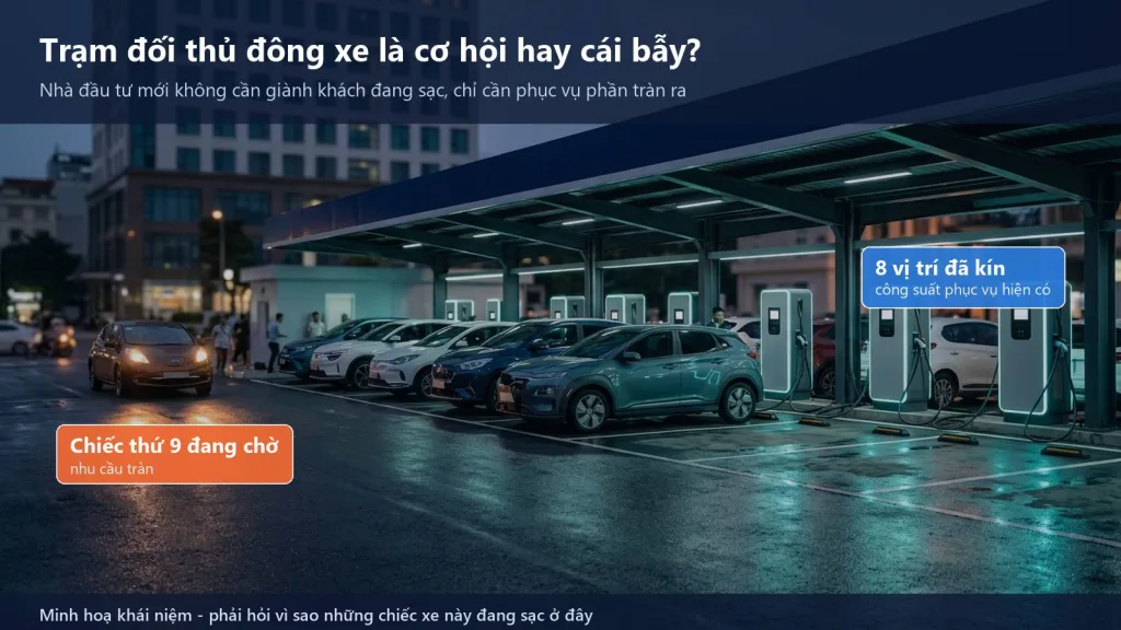 Trạm sạc đông xe với một xe điện đang chờ tới lượt, minh hoạ phần nhu cầu tràn ra ngoài công suất phục vụ hiện có