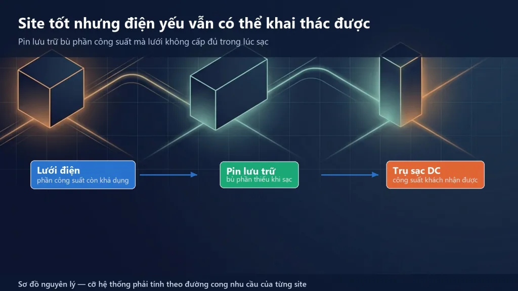 Một site tốt nhưng thiếu công suất điện vẫn có thể khai thác được bằng kiến trúc lưới điện kết hợp pin lưu trữ