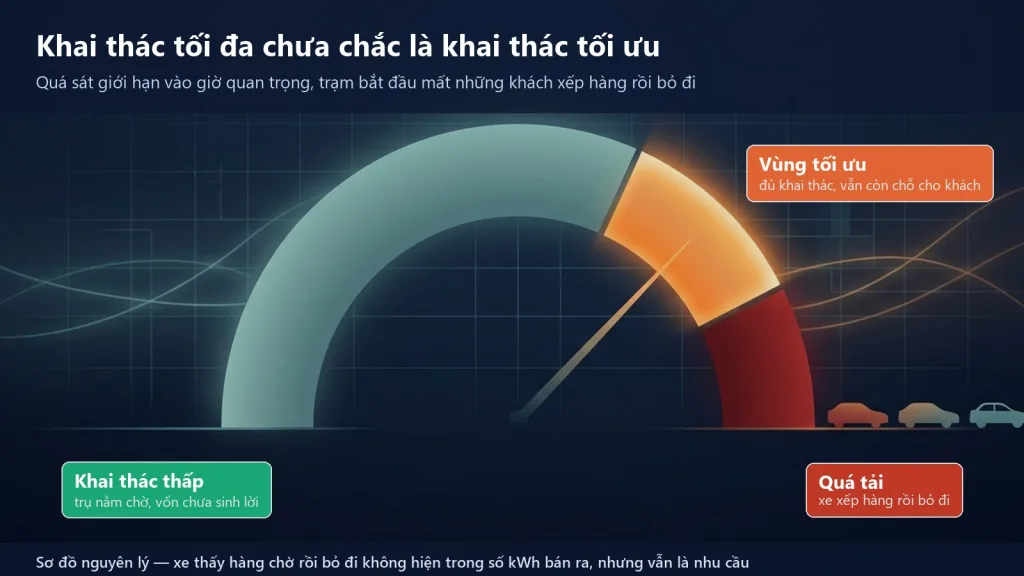 Sơ đồ ba vùng mức khai thác của trạm sạc: khai thác thấp khi trụ nằm chờ, vùng tối ưu vừa đủ khai thác vừa còn chỗ cho khách, và vùng quá tải nơi xe phải xếp hàng rồi bỏ đi