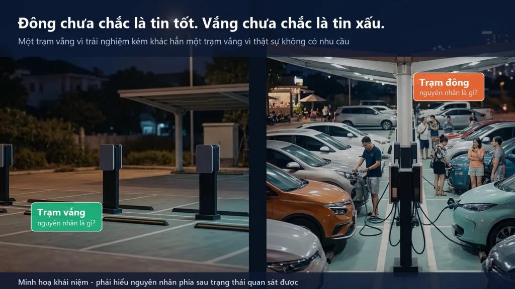 Hai trạm sạc xe điện, một đông khách một vắng khách, minh hoạ nguyên tắc đông chưa chắc là cơ hội và vắng chưa chắc là không có thị trường