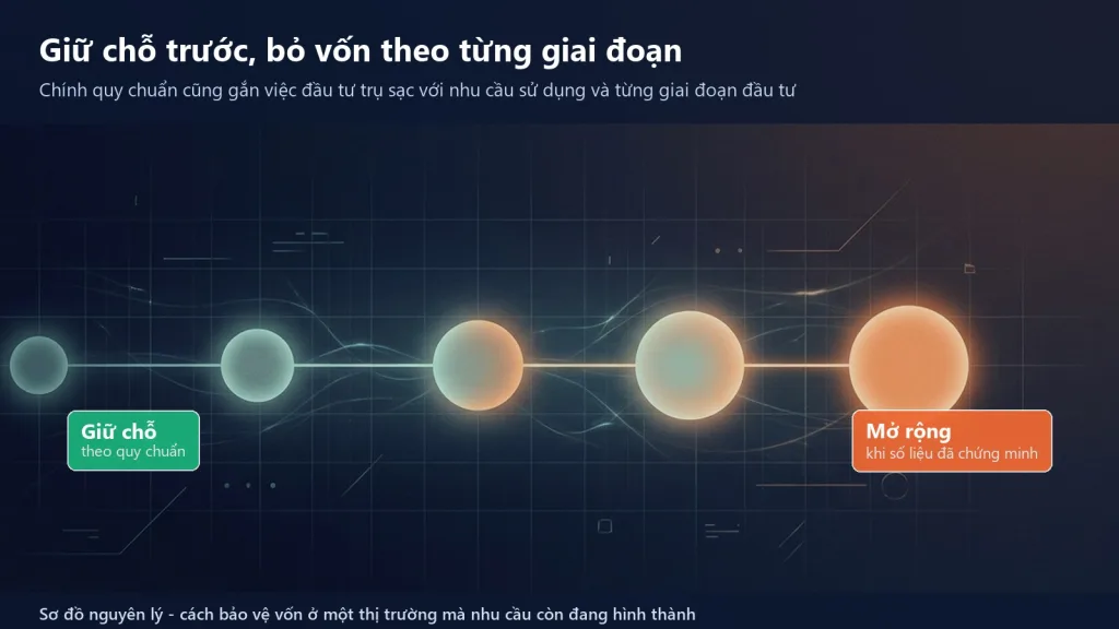 Sơ đồ năm bước triển khai trạm sạc theo giai đoạn: giữ chỗ, quan sát, triển khai, đo lường rồi mở rộng