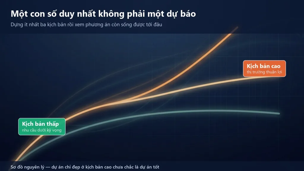 Sơ đồ ba kịch bản nhu cầu thấp, cơ sở và cao dùng để thử sức chịu đựng của một phương án đầu tư trạm sạc