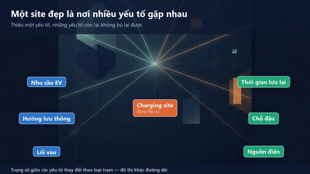 Các yếu tố cùng gặp nhau tại một charging site tốt -- nhu cầu, hướng đi, lối vào, thời gian lưu lại, chỗ đậu, nguồn điện