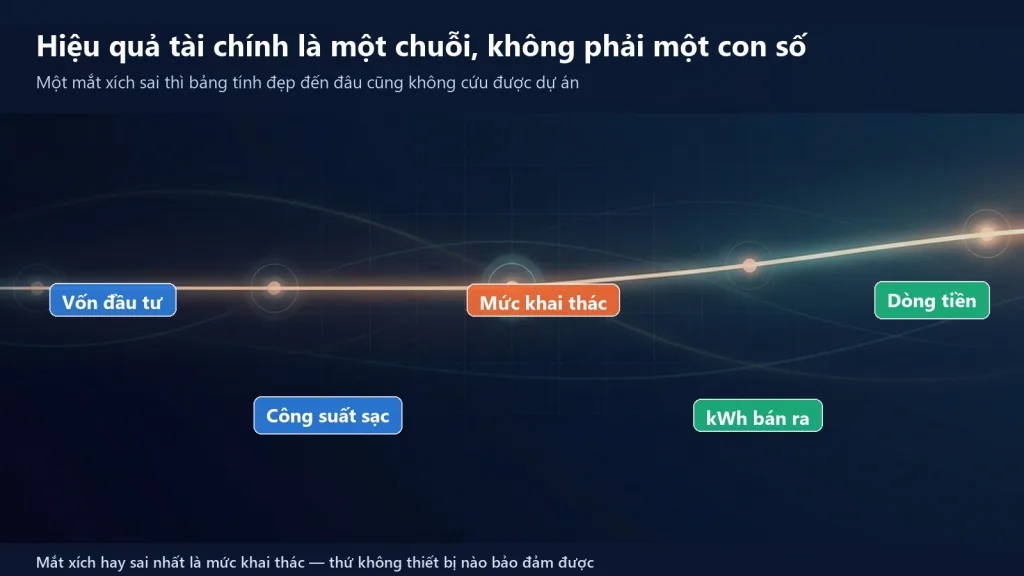 Chuỗi từ vốn đầu tư qua công suất, mức khai thác, kWh bán ra, doanh thu tới dòng tiền của một trạm sạc