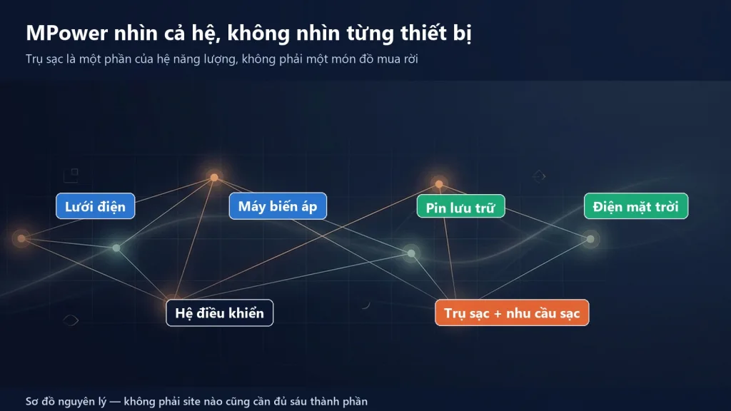 Lưới điện, máy biến áp, pin lưu trữ, điện mặt trời, hệ điều khiển và trụ sạc nhìn như một hệ thống