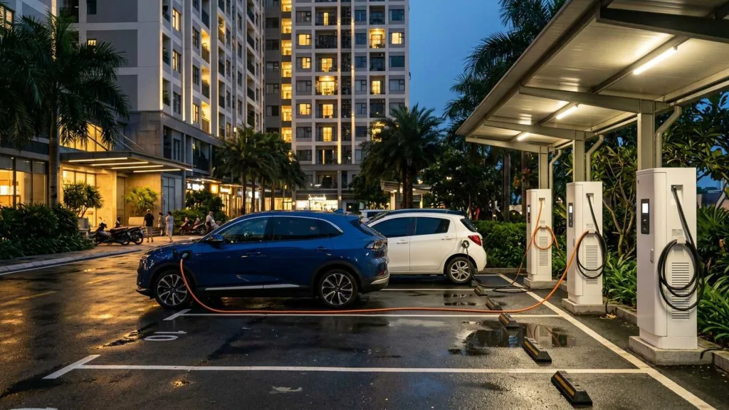 Ba trụ sạc xe điện tại bãi đỗ của một khu chung cư lúc chập tối, hai xe điện đang cắm sạc